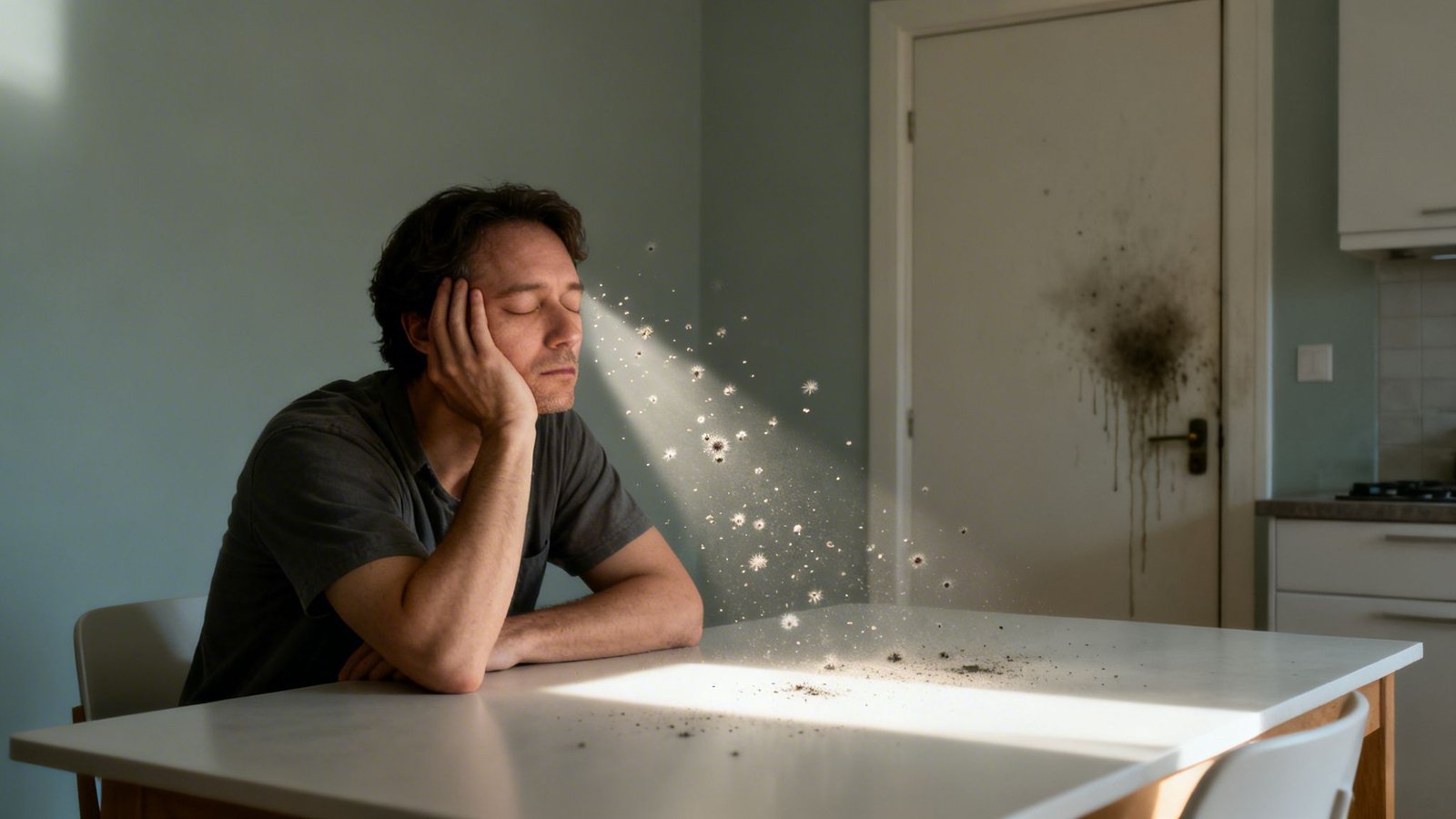 A man with closed eyes sits at a table while light reveals airborne particles and mold on a door.