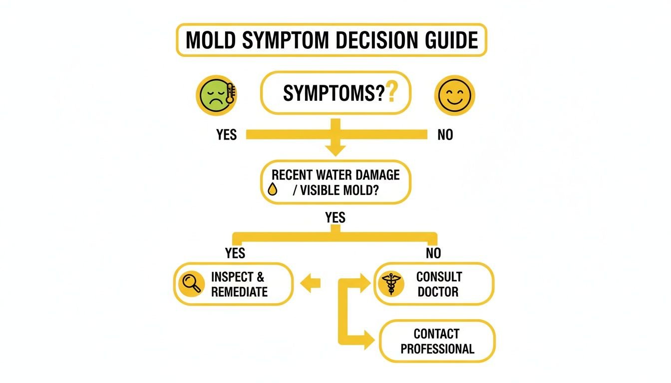 Flowchart guiding users through decisions about mold symptoms, water damage, and remediation steps.