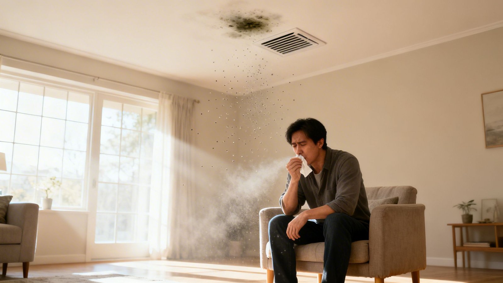 Man suffering from respiratory issues, likely due to visible mold growth and spores on the ceiling.
