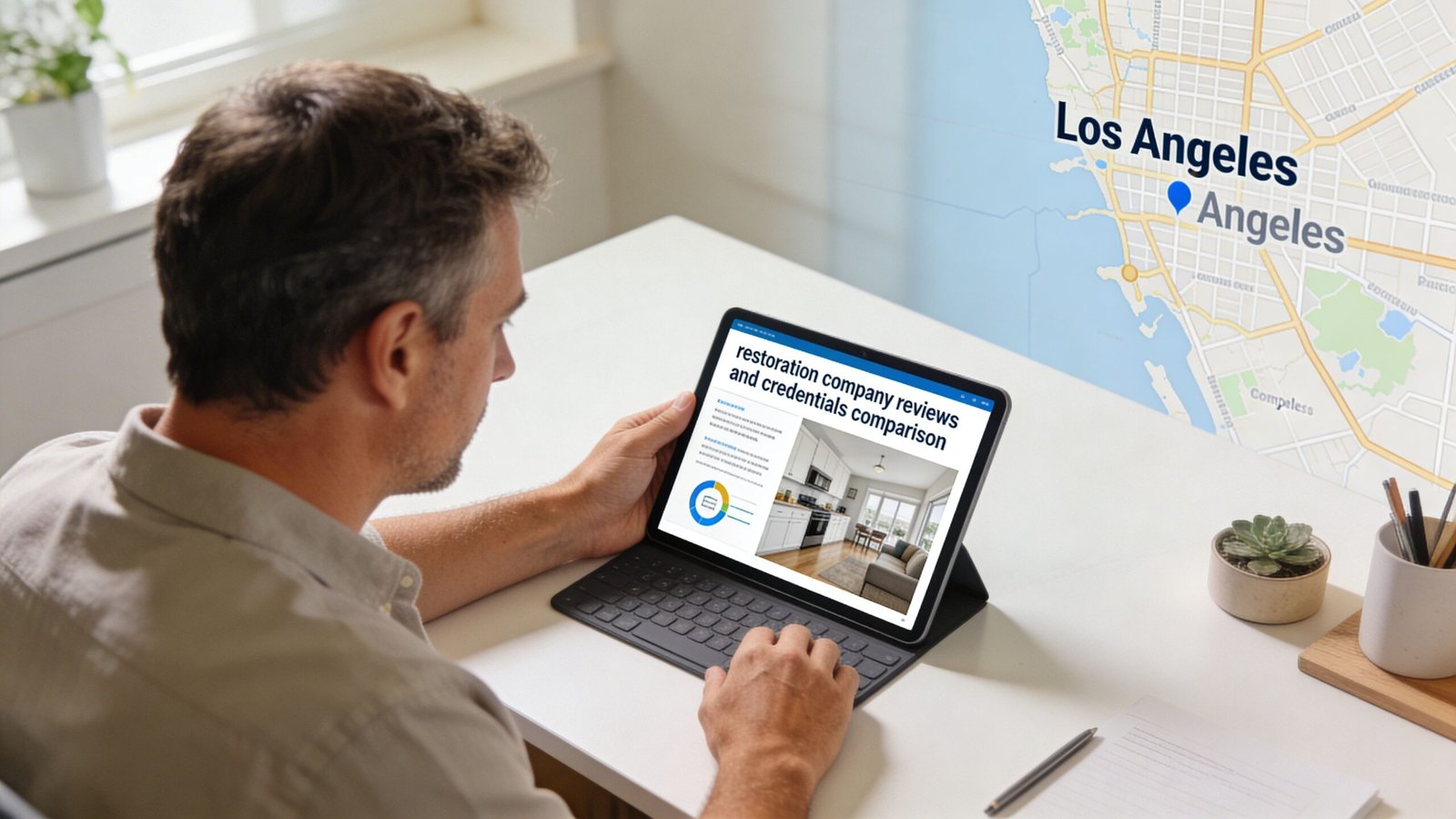 A man using a tablet to compare home restoration company reviews and credentials in Los Angeles.