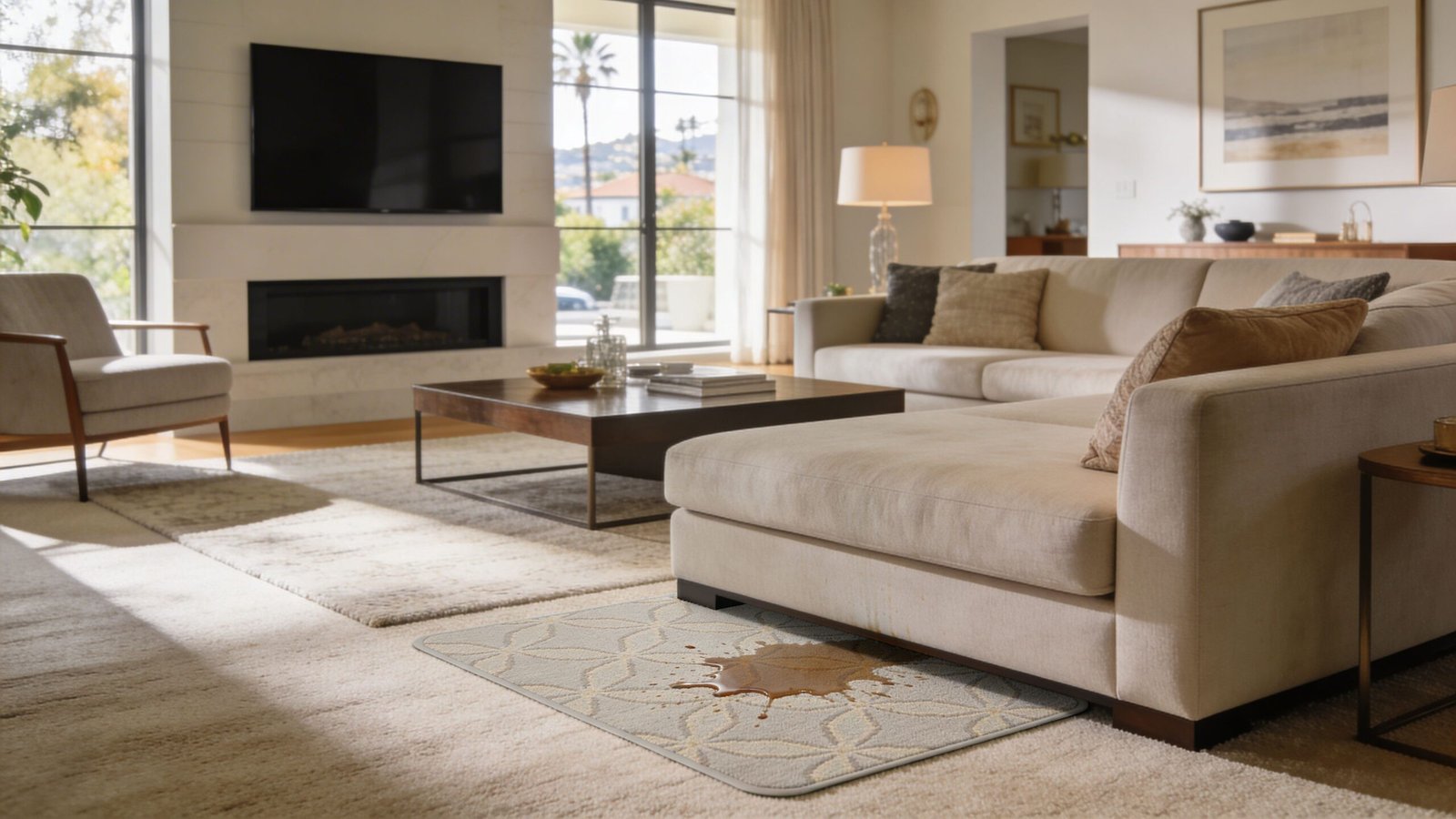 A large dark liquid stain on a decorative carpet mat situated next to a cream-colored living room sofa.