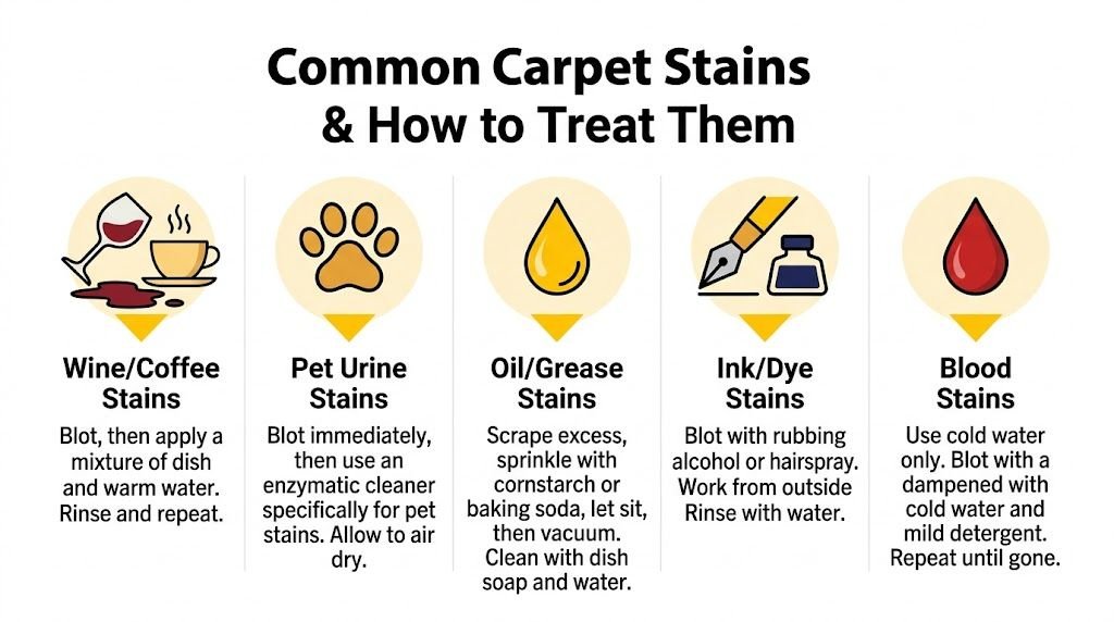 An infographic showing five common carpet stain types and instructions on how to effectively treat them.