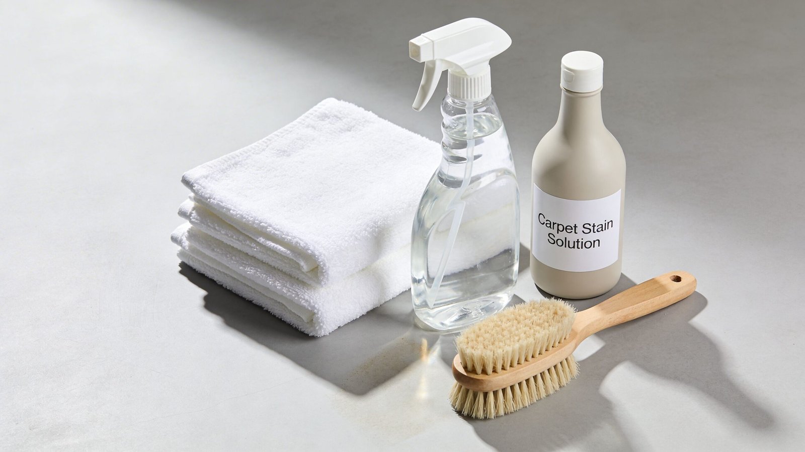 A stack of white towels, a spray bottle, and a scrubbing brush used for carpet stain removal.