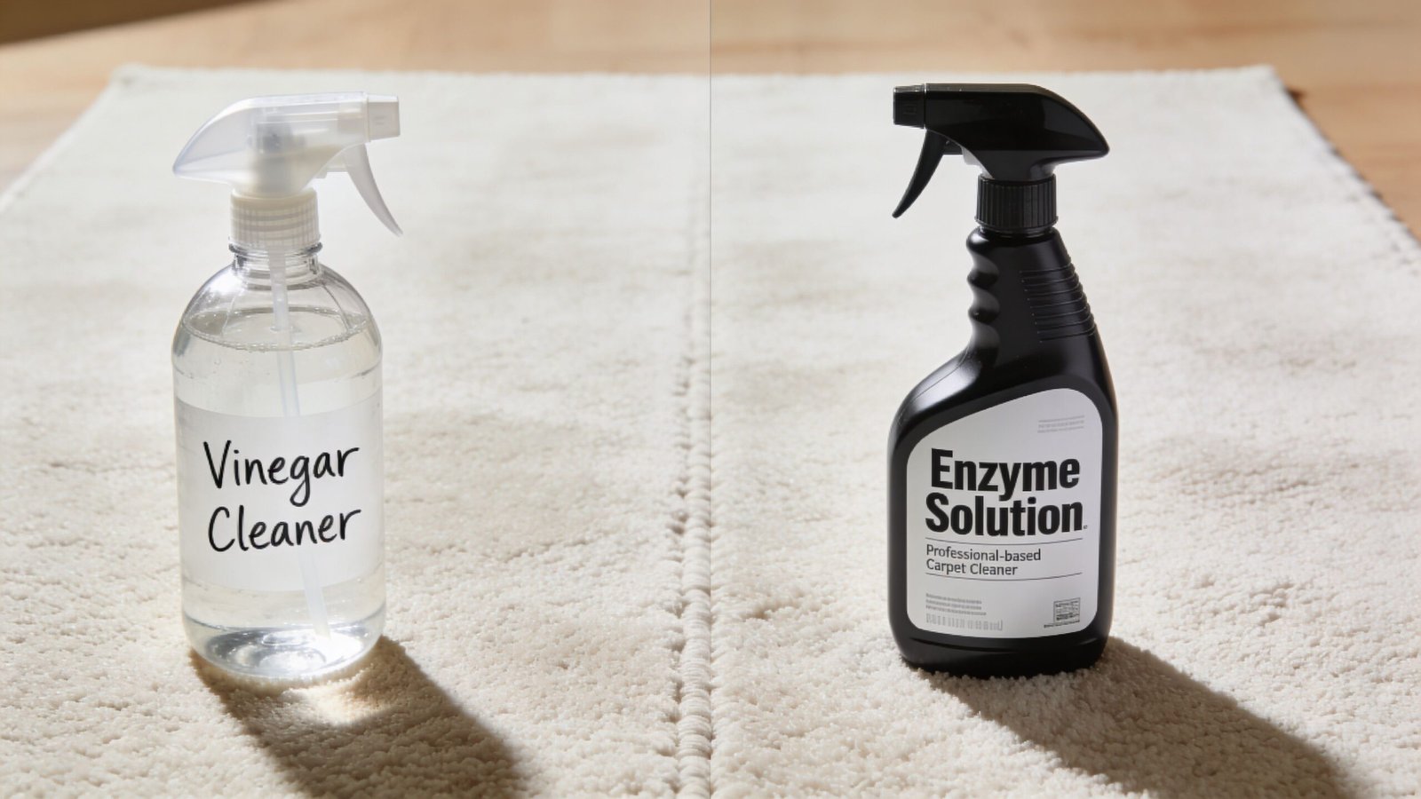 Two spray bottles labeled Vinegar Cleaner and Enzyme Solution sitting side by side on a clean carpet.