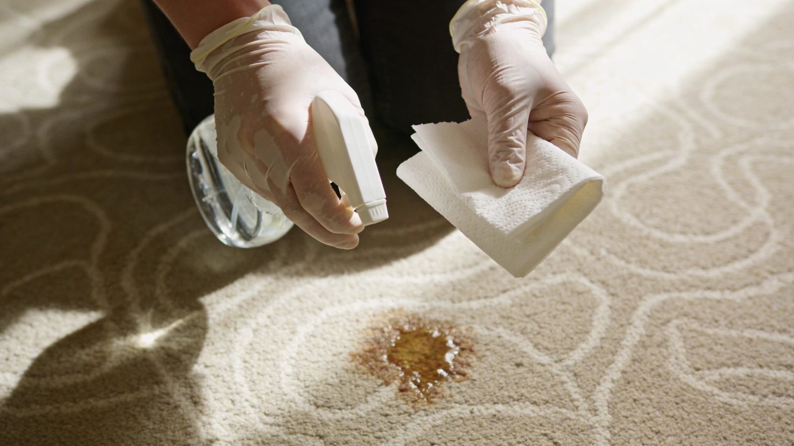 A person wearing white cleaning gloves holding a spray bottle and paper towel to clean a carpet stain.