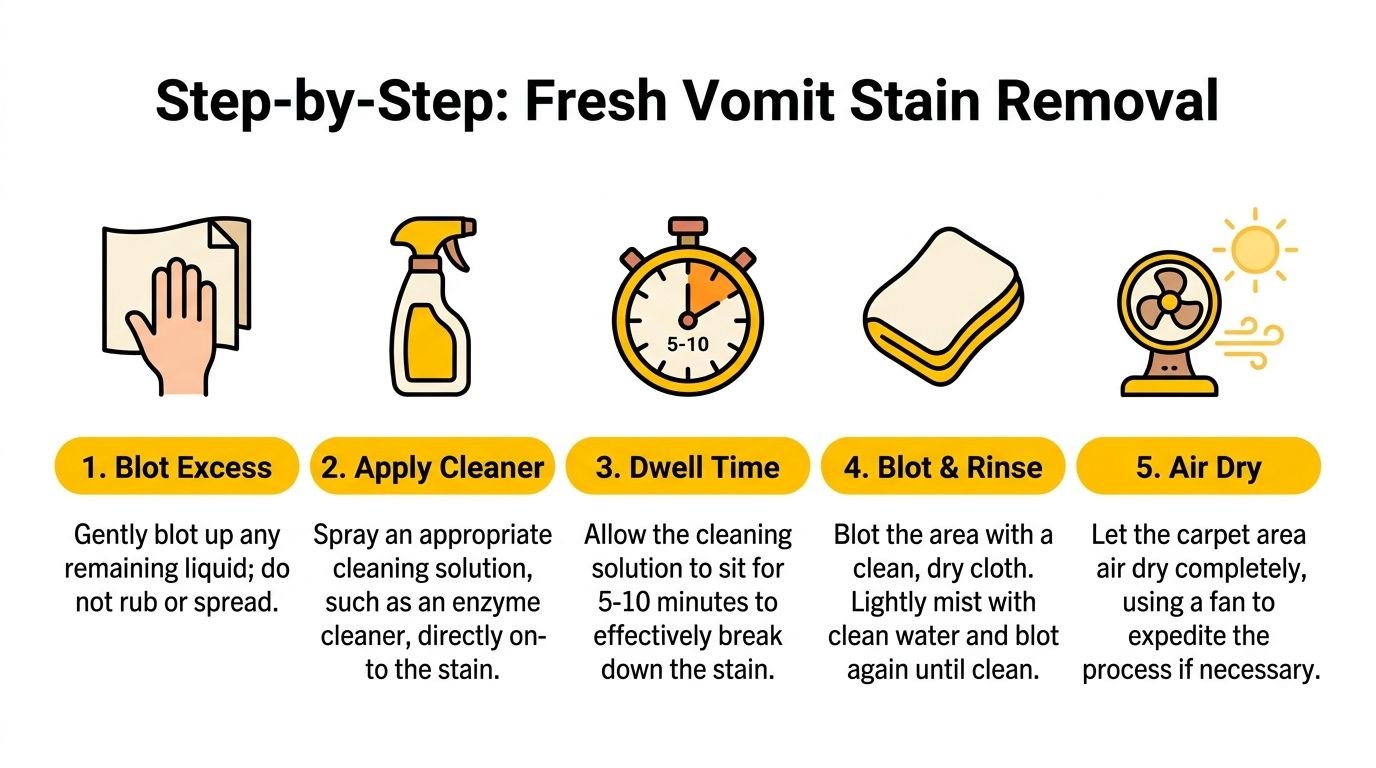 A step-by-step instructional guide on how to effectively remove fresh vomit stains from carpet surfaces.