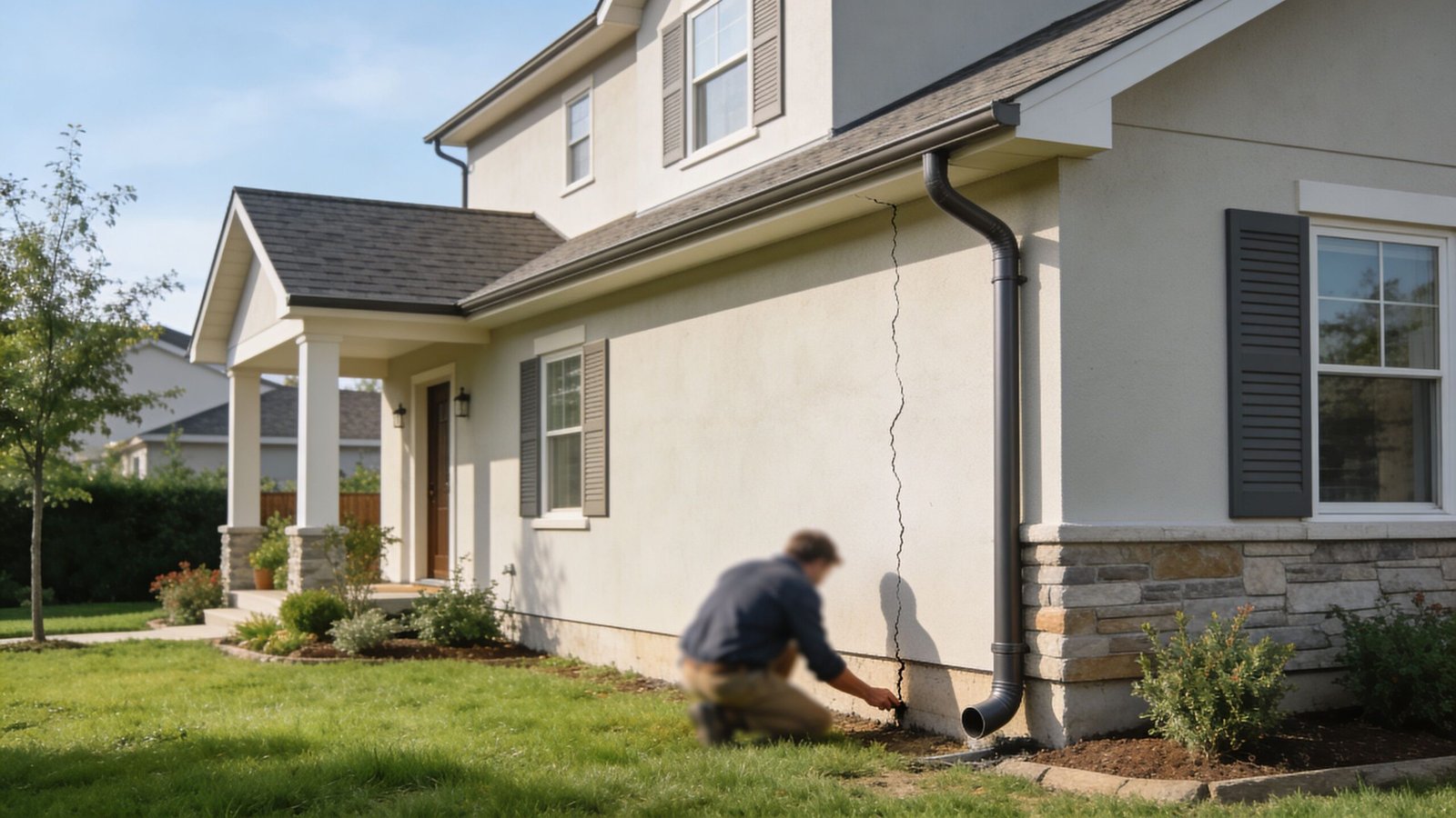 A professional inspecting a vertical crack in the exterior wall of a residential house foundation.