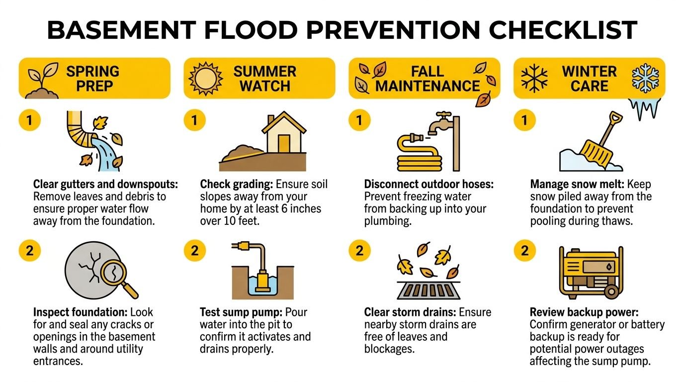 A seasonal basement flood prevention checklist infographic providing maintenance tips for spring, summer, fall, and winter.