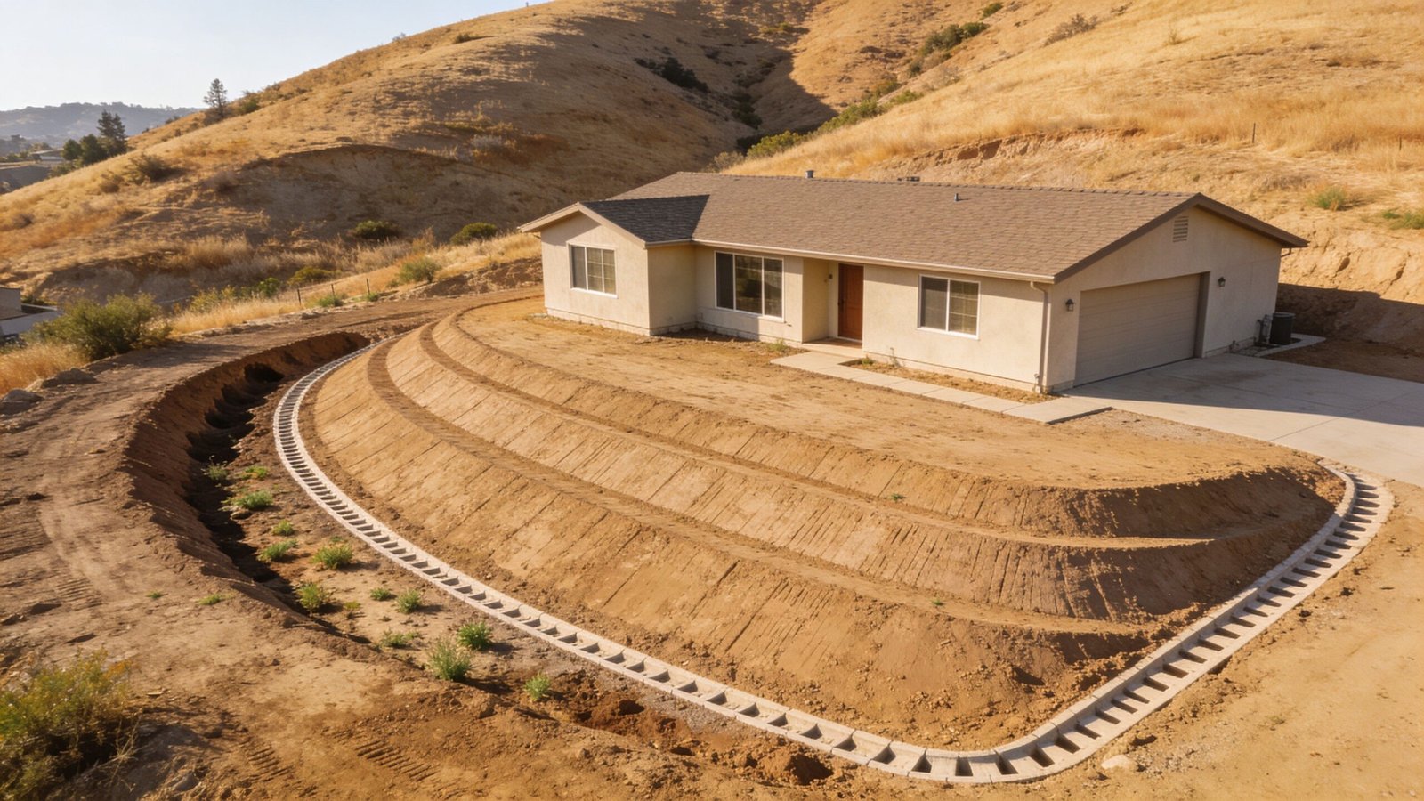A newly installed concrete retaining wall terrace system surrounding the front yard of a suburban hillside home.