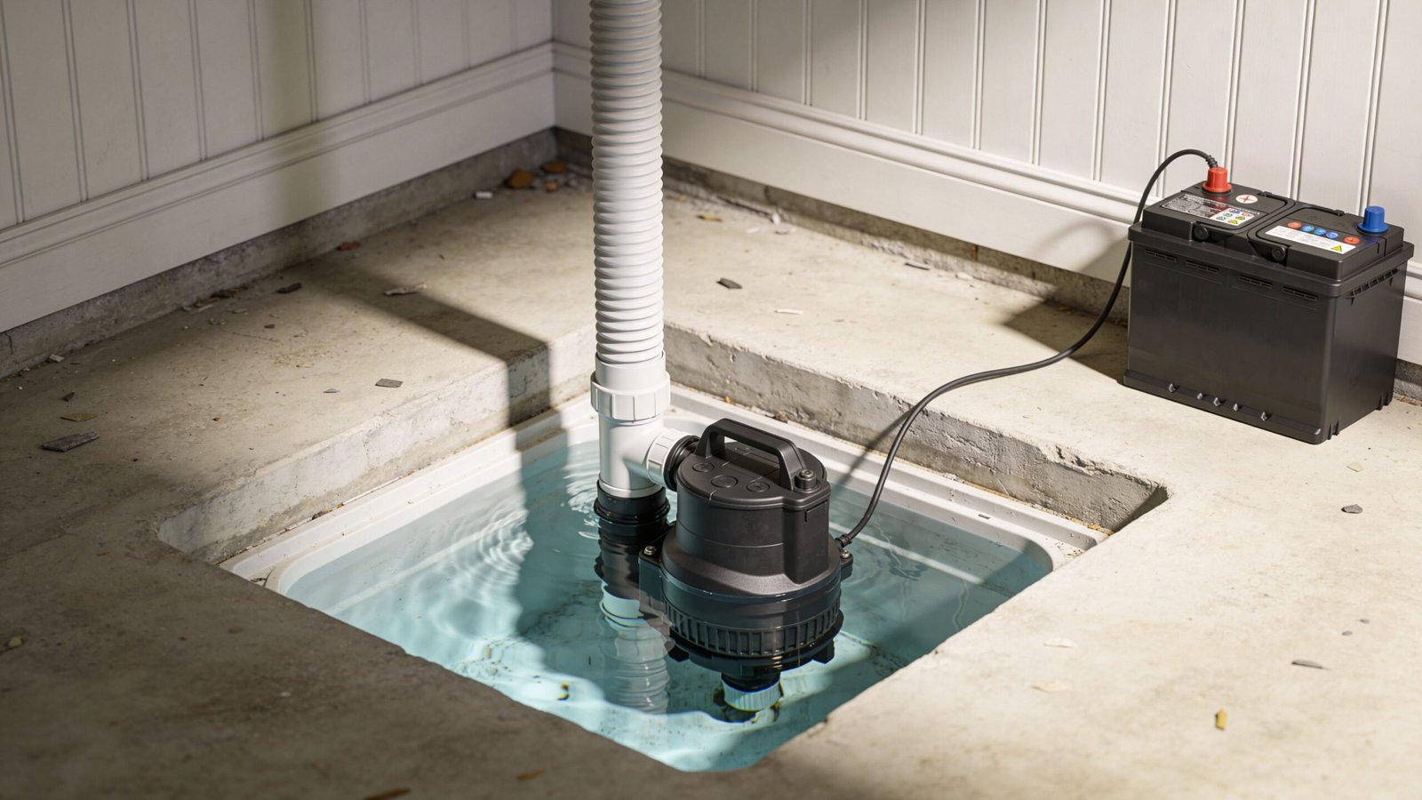 A battery-powered submersible sump pump installed inside a concrete pit filled with water in a residential basement.