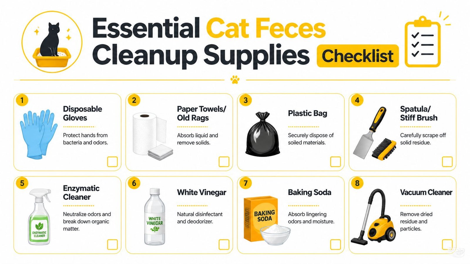A checklist for cleaning cat feces showing eight essential supplies needed to sanitize surfaces effectively.