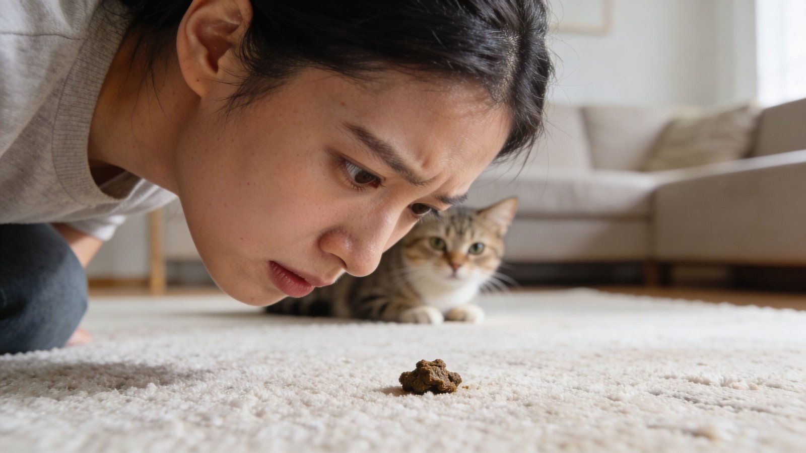 A concerned person inspecting cat feces found on a white carpet with the cat watching nearby.
