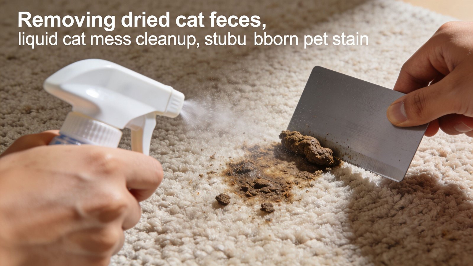 A person uses a cleaning spray and a scraper tool to remove cat feces from carpet.