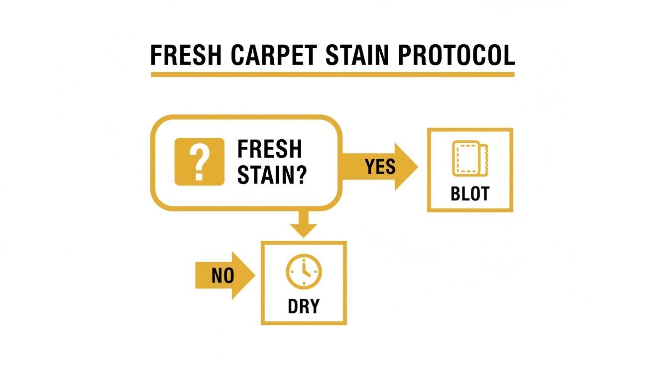 Flowchart illustrating the fresh carpet stain protocol: blot fresh stains, dry old stains.