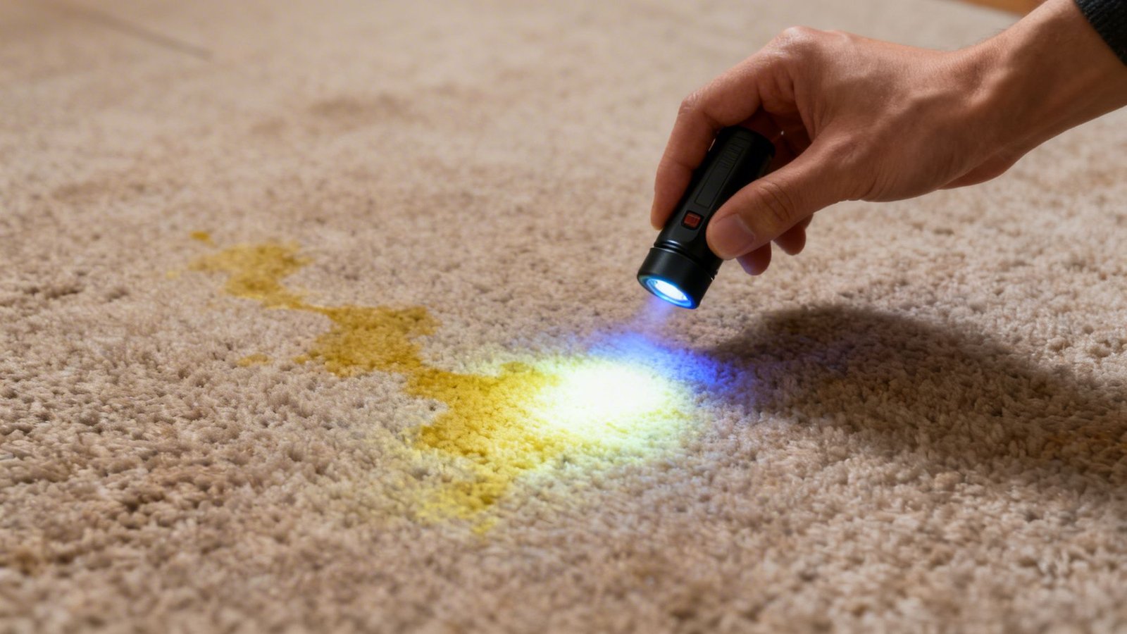 A hand uses a UV flashlight to reveal a glowing yellow stain on a beige carpet, likely a pet urine spot.