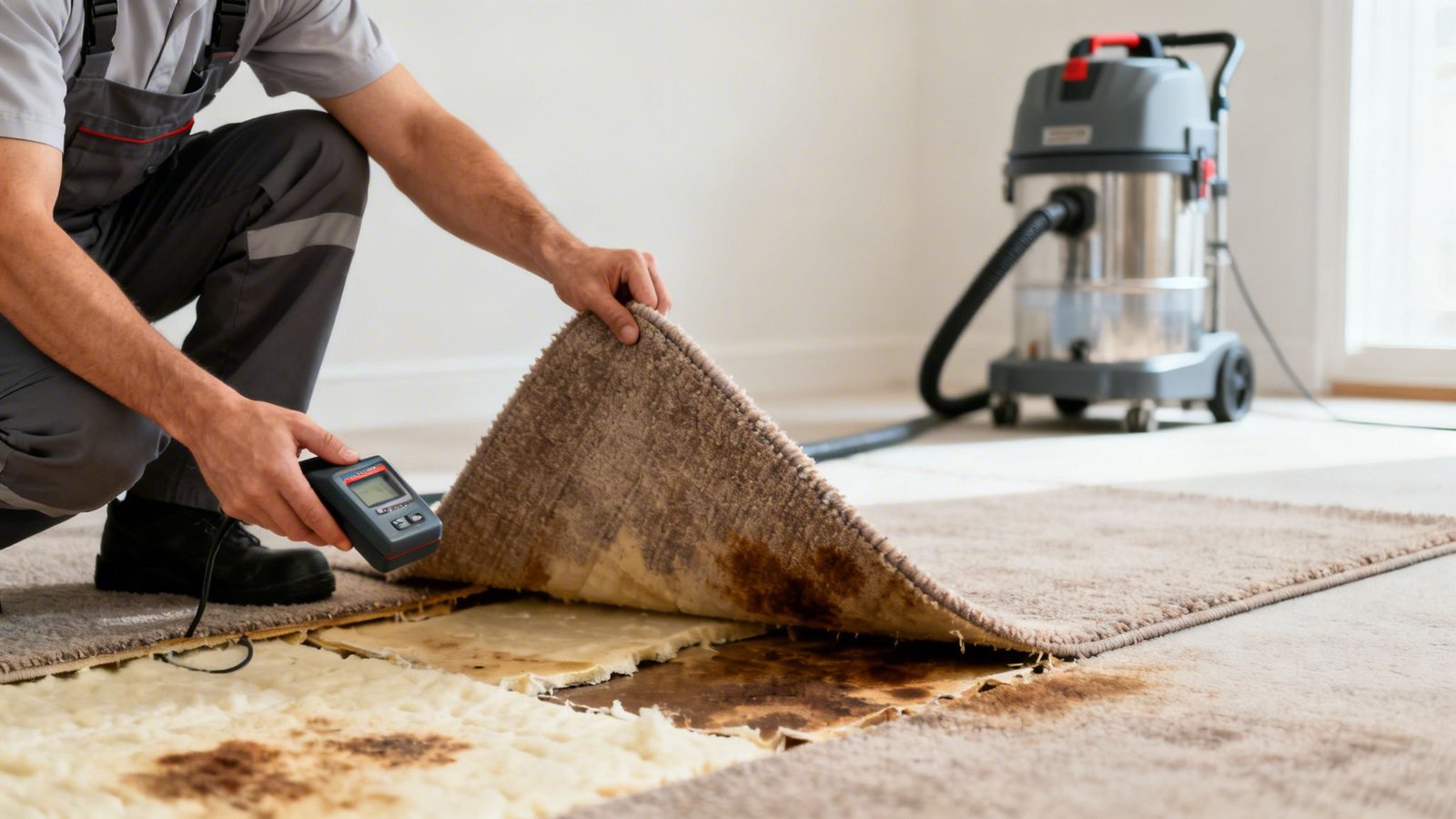 A professional inspecting severe water damage and mold under a lifted carpet with a moisture meter.