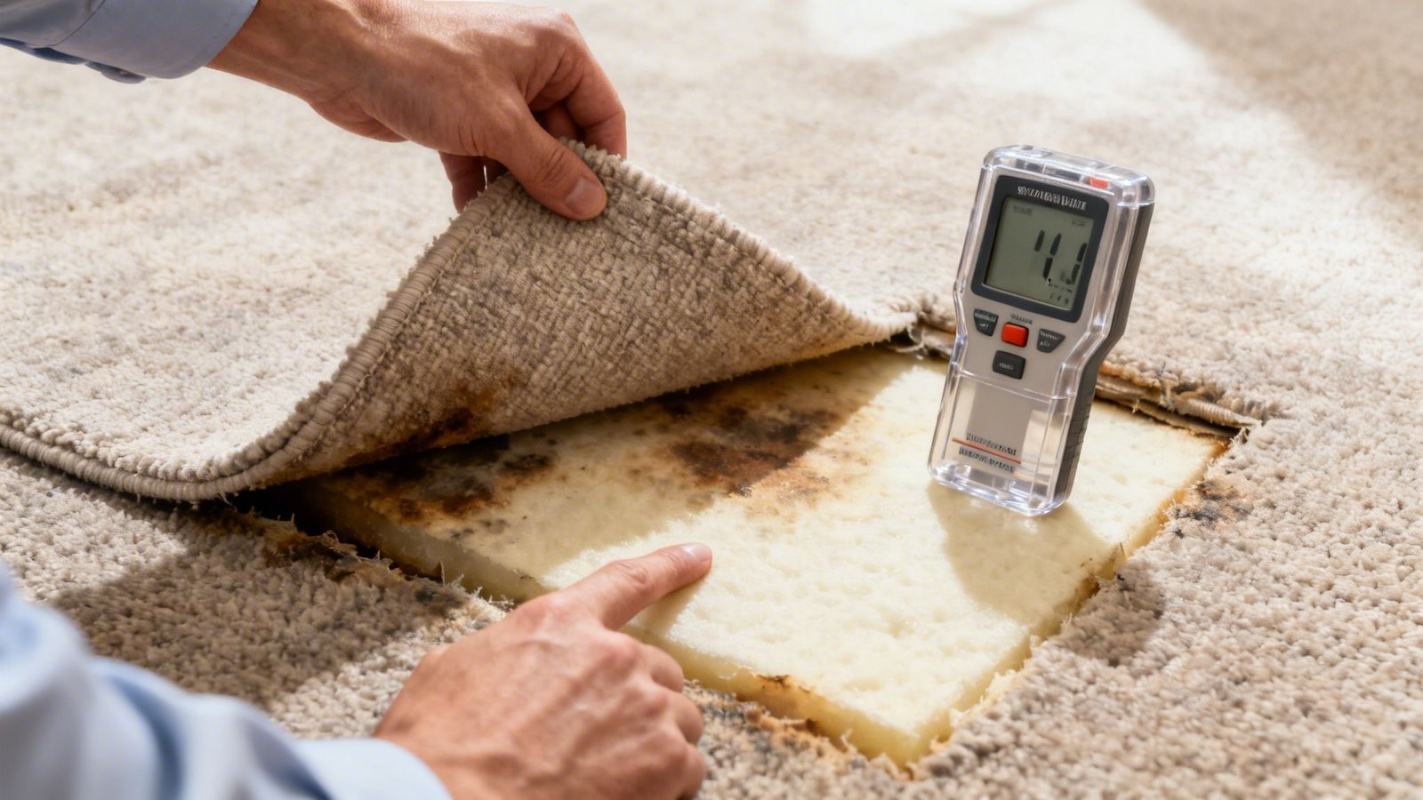 A person lifts a carpet to reveal dark stains and a moisture meter indicating high dampness, suggesting water damage.