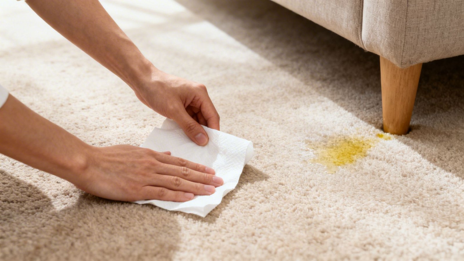 Person's hands blotting a fresh yellow stain on a light-colored carpet with a white paper towel.