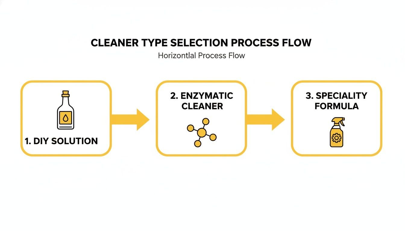 A horizontal process flow diagram illustrating three steps for cleaner type selection: DIY solution, enzymatic, and speciality formula.