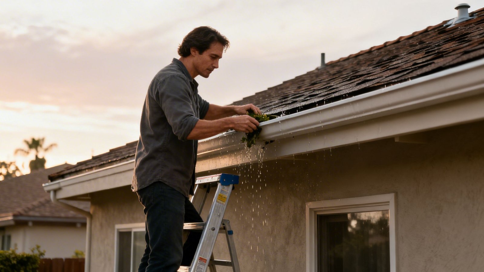 A man standing on a ladder and cleaning debris and wet leaves from a home rain gutter.