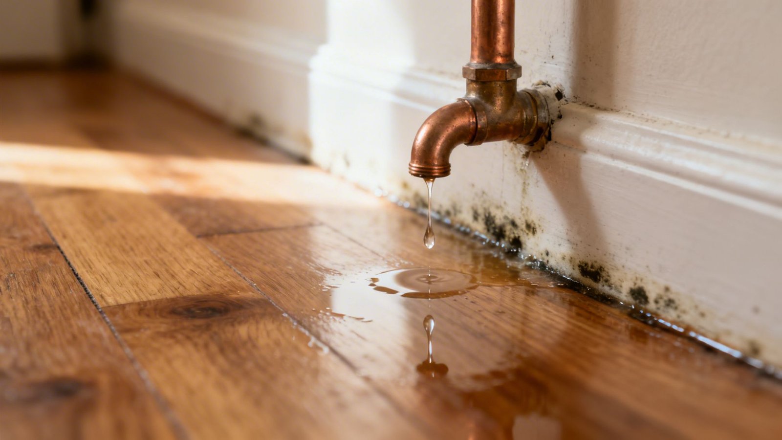 A leaking copper pipe causing water damage and visible mold growth on a wooden floor and wall.