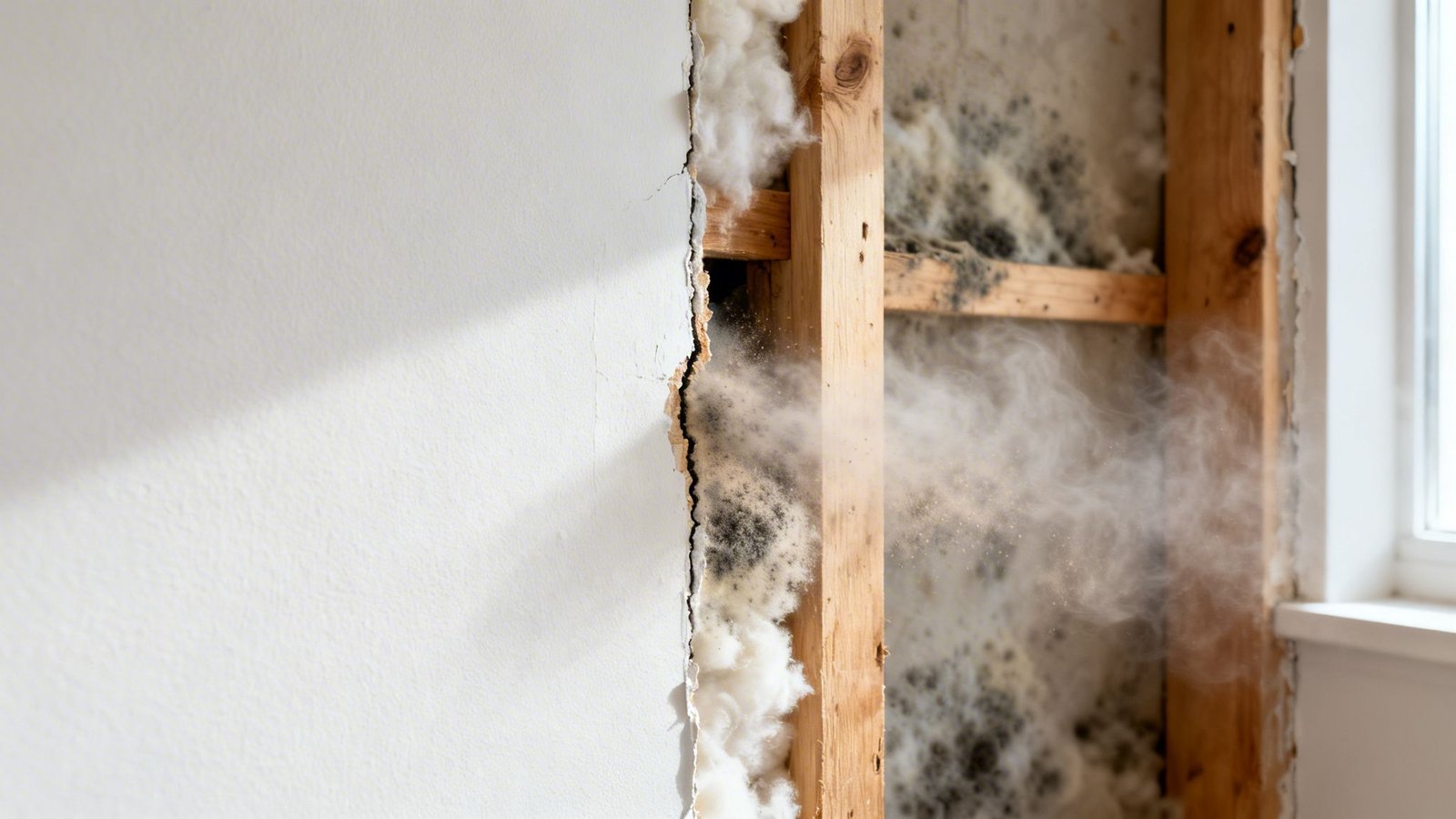 Close-up of a damaged wall revealing severe black mold growth on insulation and wooden studs, with spores visible in the air.