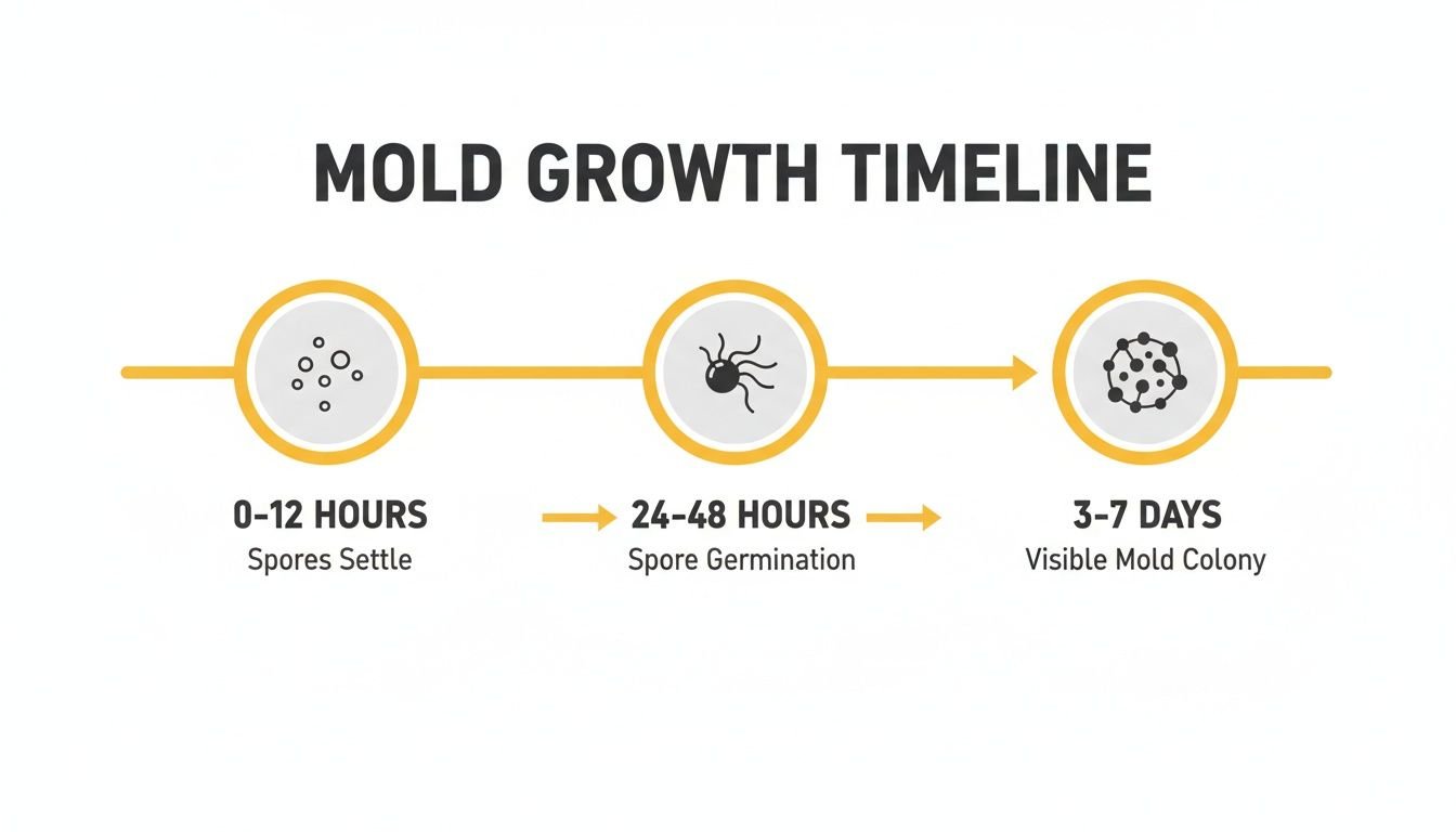 A timeline illustrating the stages of mold growth: spores settle, germinate, and form a visible colony.
