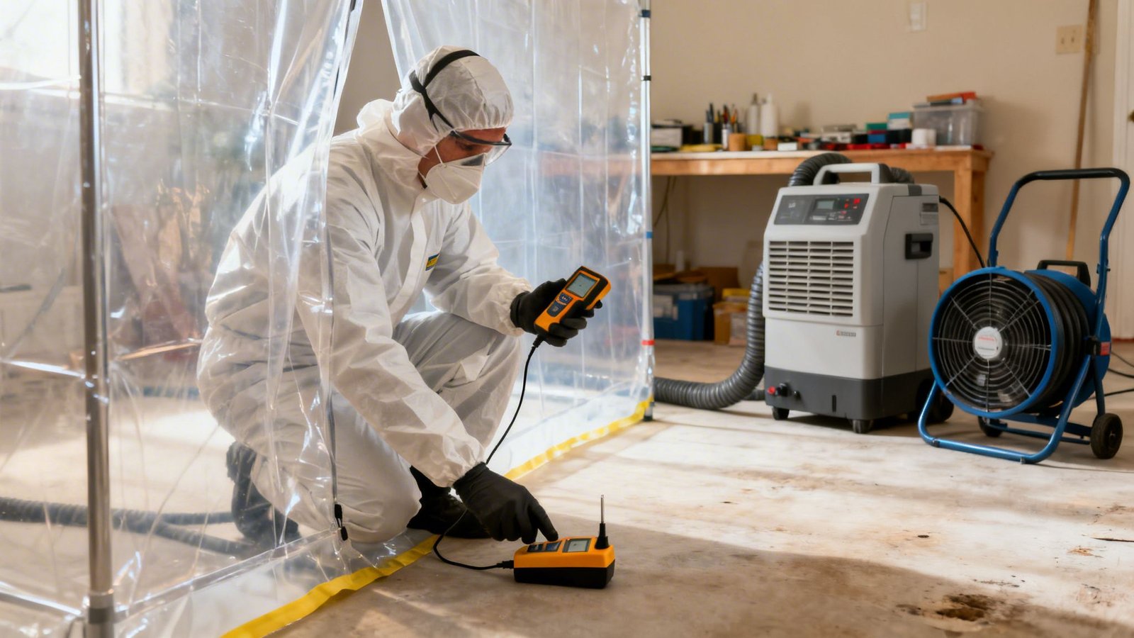 Technician in protective gear inspecting a floor for mold or water damage with specialized equipment.
