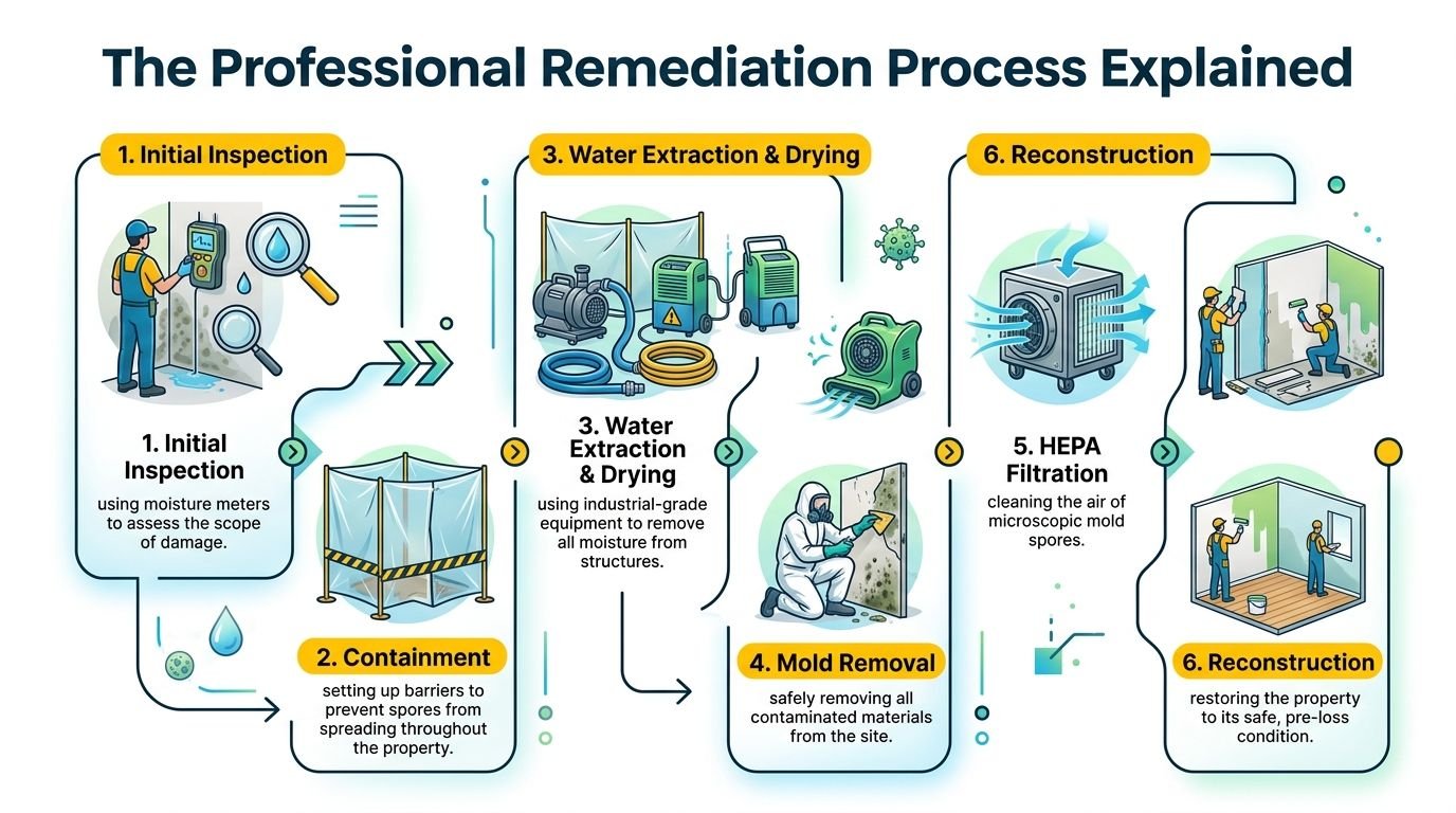 A step-by-step infographic illustrating the professional mold and water damage remediation process from inspection to final restoration.
