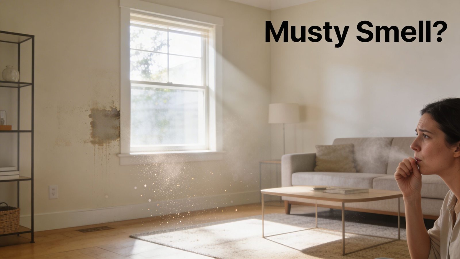 A worried woman coughing in a room with a visible patch of mold on the wall nearby.