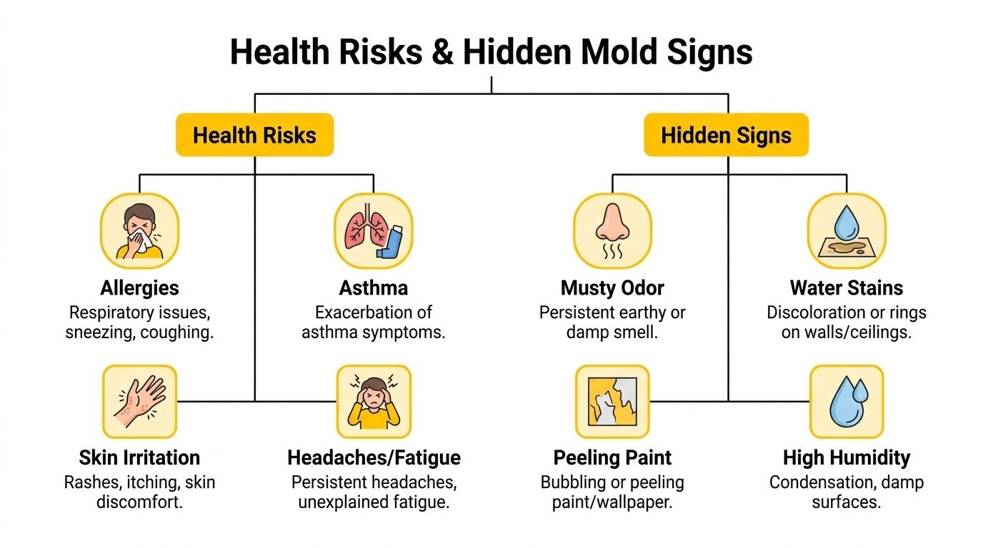 An infographic showing health risks and hidden signs of mold growth, including symptoms and property damage indicators.