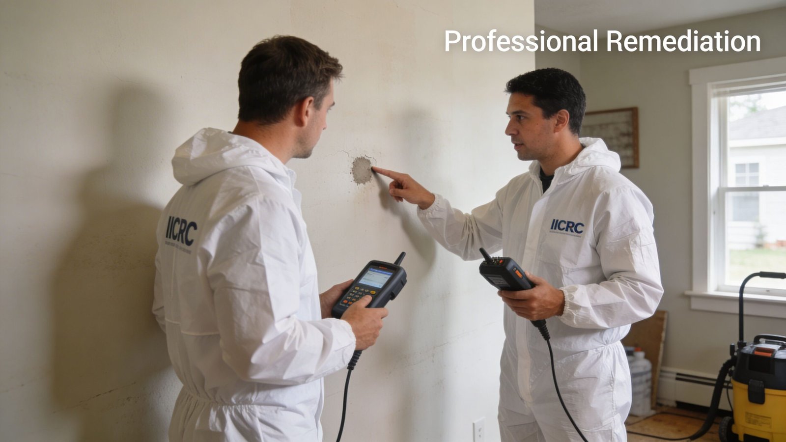 Two professionals in protective white hazmat suits inspect mold damage on a residential wall with testing equipment.