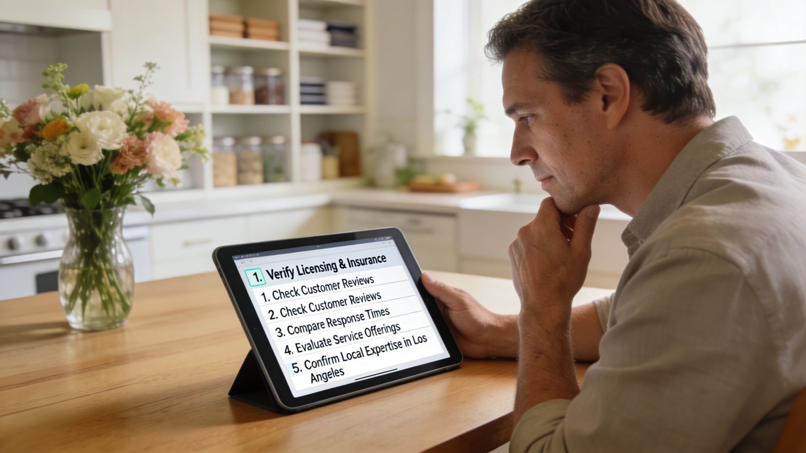A man looking at a checklist on a digital tablet regarding property restoration services at home.