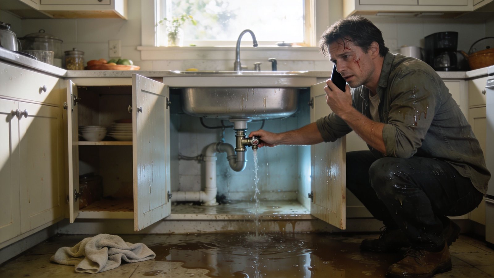 A distressed man on a phone call as water leaks from his kitchen sink pipes onto the floor.