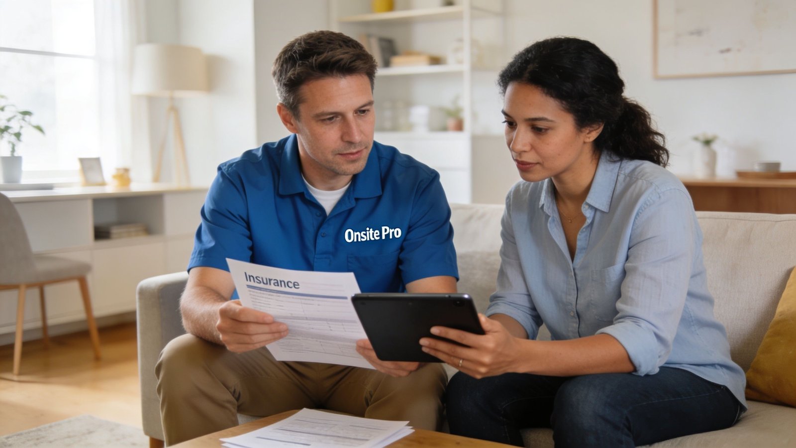 A professional service technician discussing insurance documents and project details with a homeowner on a couch.