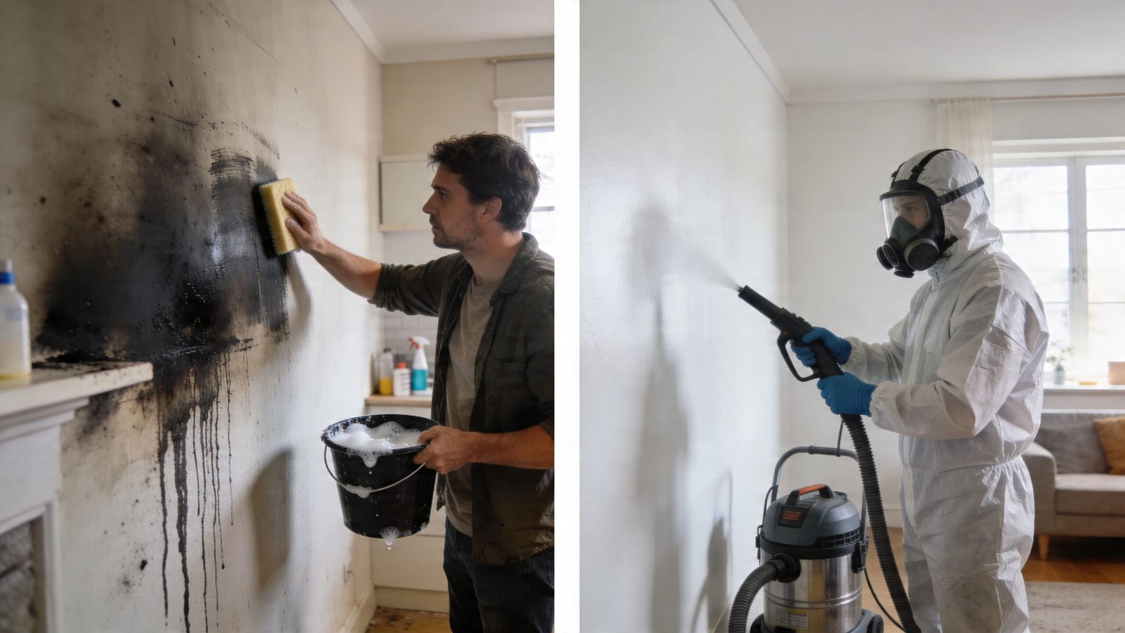 A split screen comparing a man hand cleaning soot from a wall and a professional using industrial equipment.