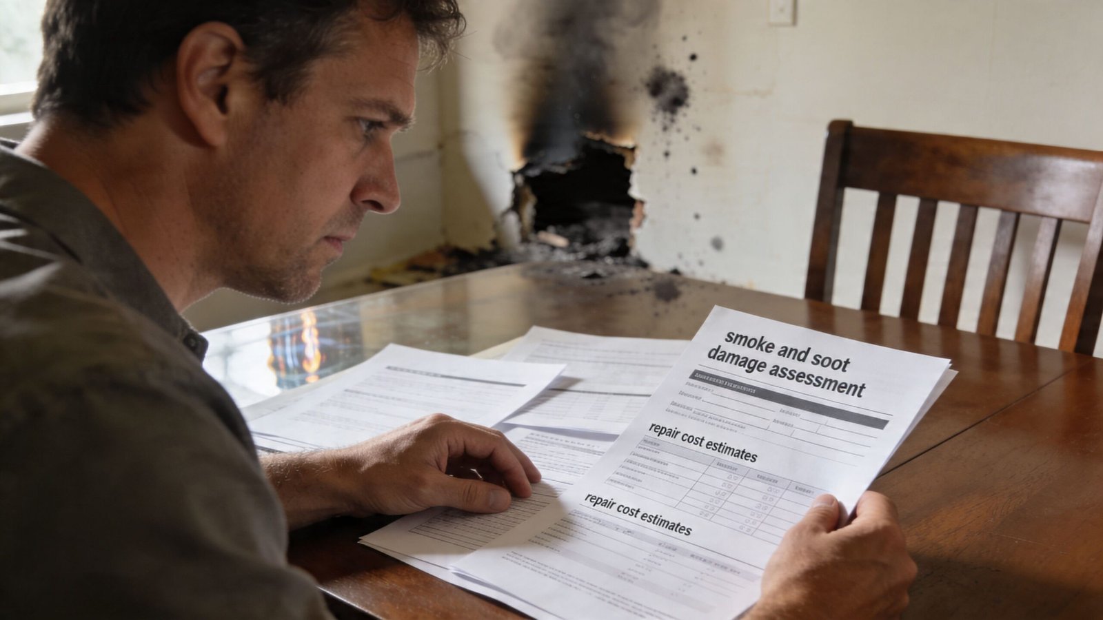 A concerned man examines a smoke and soot damage assessment report at a table in a fire-damaged room.
