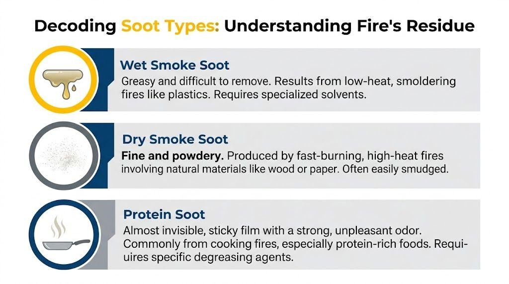 An infographic titled Decoding Soot Types explaining the characteristics of wet smoke, dry smoke, and protein soot residue.
