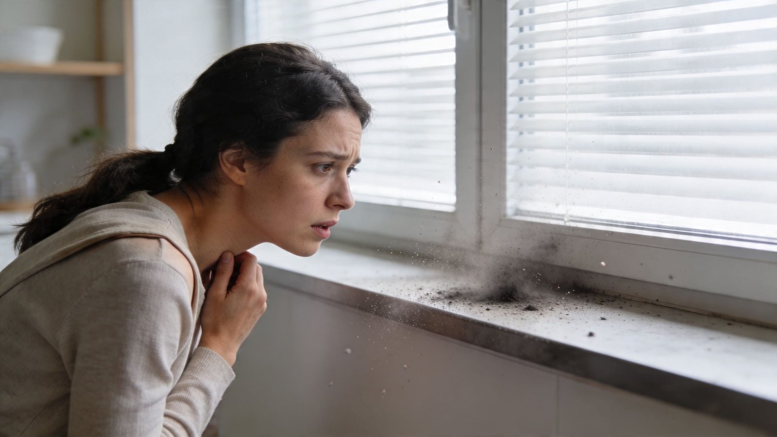 A concerned woman looks at a small pile of dark soot appearing on her white windowsill.