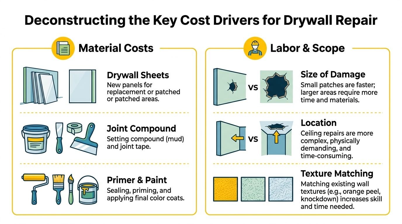 An infographic titled Deconstructing the Key Cost Drivers for Drywall Repair, listing material costs and labor factors.