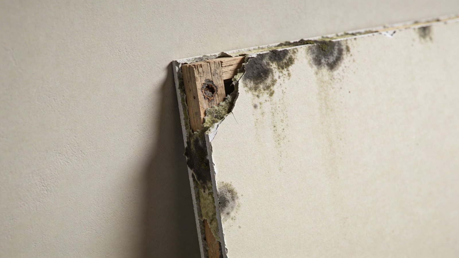 A close-up view of a damaged piece of drywall showing mold growth and water damage.