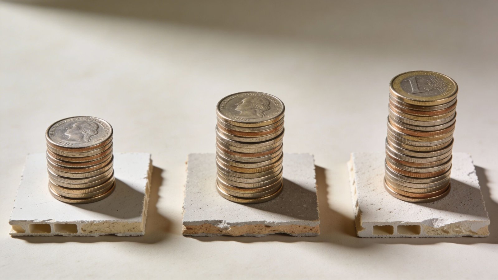 Three stacks of coins placed on small pieces of drywall representing the cost of water damage repairs.