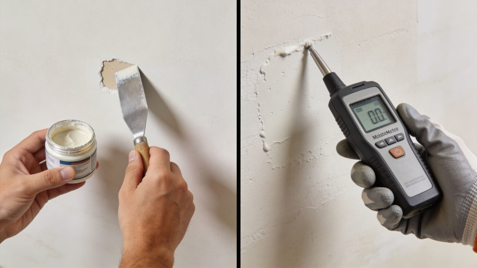A person repairing a hole in drywall with putty before using a moisture meter on the wall.