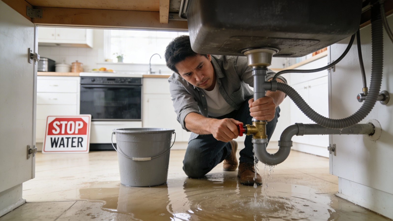 A man repairing a leaky sink pipe under a kitchen counter as water floods the floor.