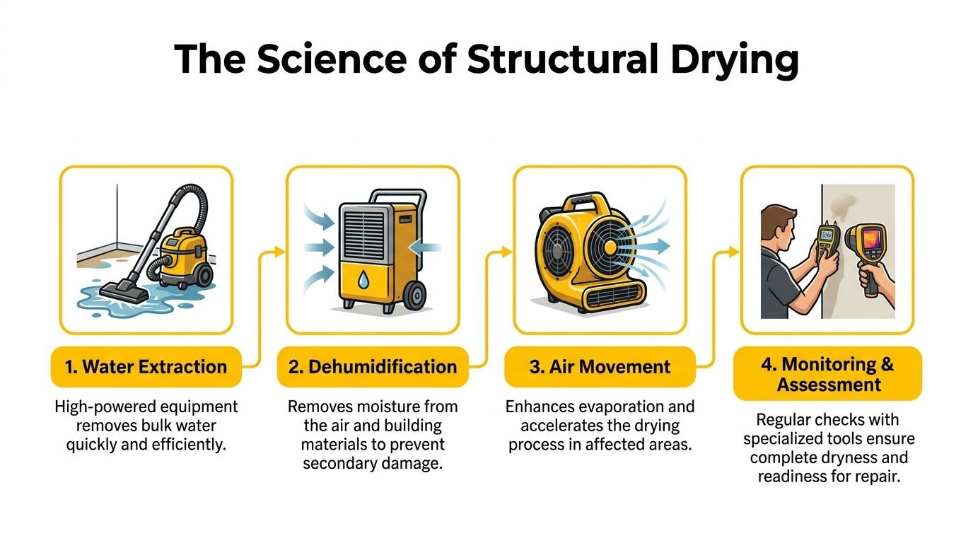 A four-step infographic illustrating the professional structural drying process for residential and commercial water damage restoration.