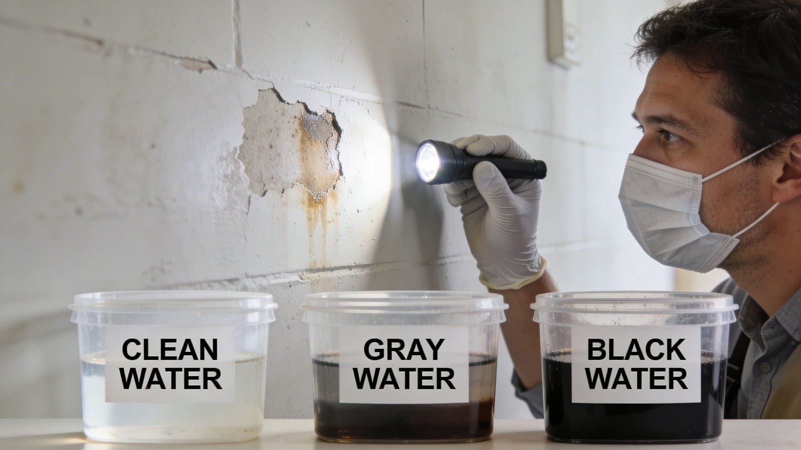 A professional inspector wearing a mask and gloves examines wall water damage with a flashlight.