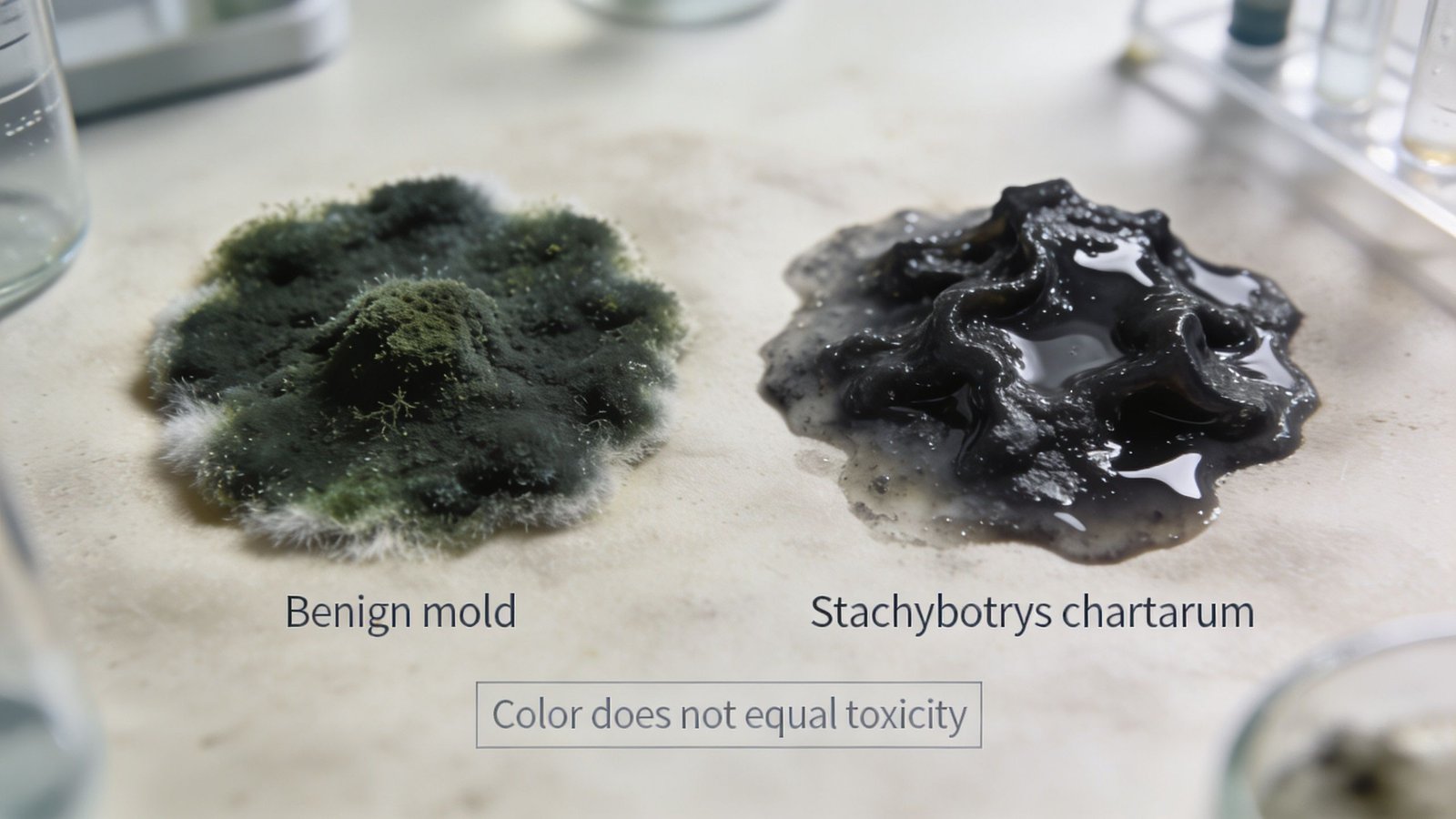 A laboratory comparison showing a benign mold sample next to a toxic Stachybotrys chartarum mold sample.