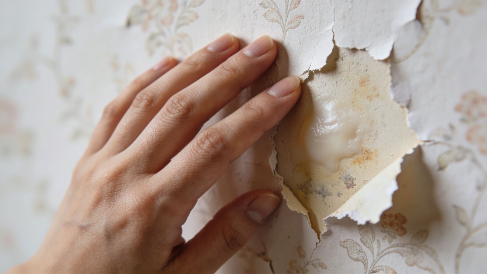 A human hand touches damaged, peeling wallpaper on a wall showing signs of mold and moisture damage.