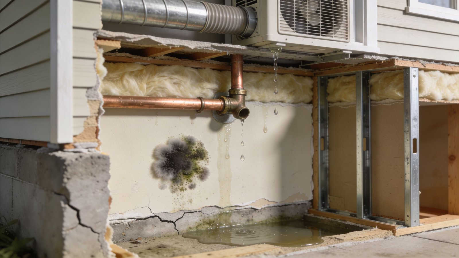 A cutaway view of a house wall showing a leaking pipe causing water damage and black mold.
