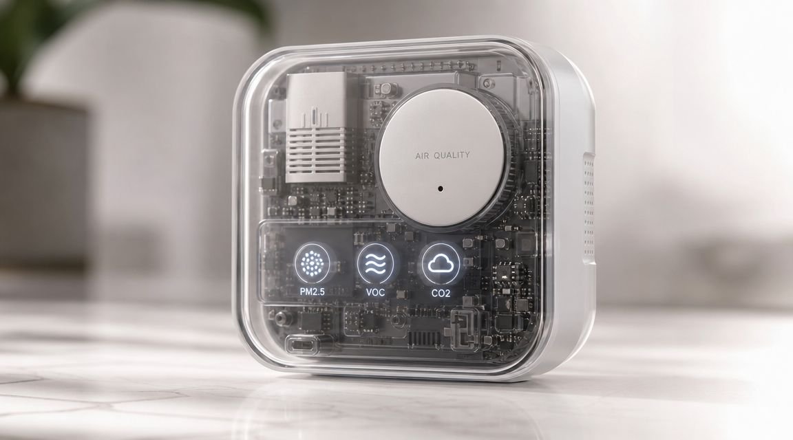 A modern, transparent air quality monitor device sitting on a white marble surface in an indoor setting.